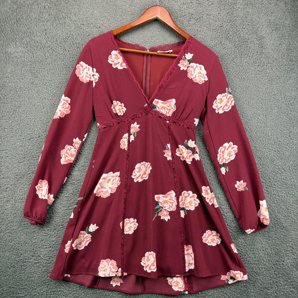 Altar'd State Womens S‎ Maroon Floral Lace Trim V-Neck Long Sleeve Mini Dress